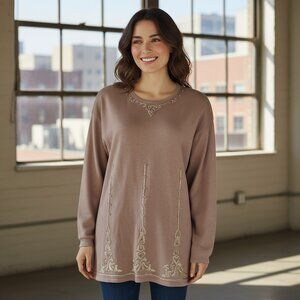 SEGUE Sweater Women's 1x Plus Brown Embroidered Knit Padded Shoulders Vintage
